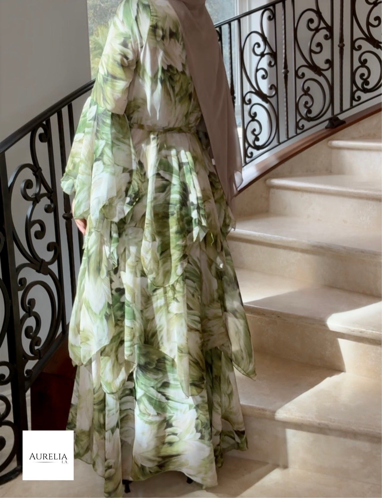 Zahra ruffle floral maxi dress- Olive