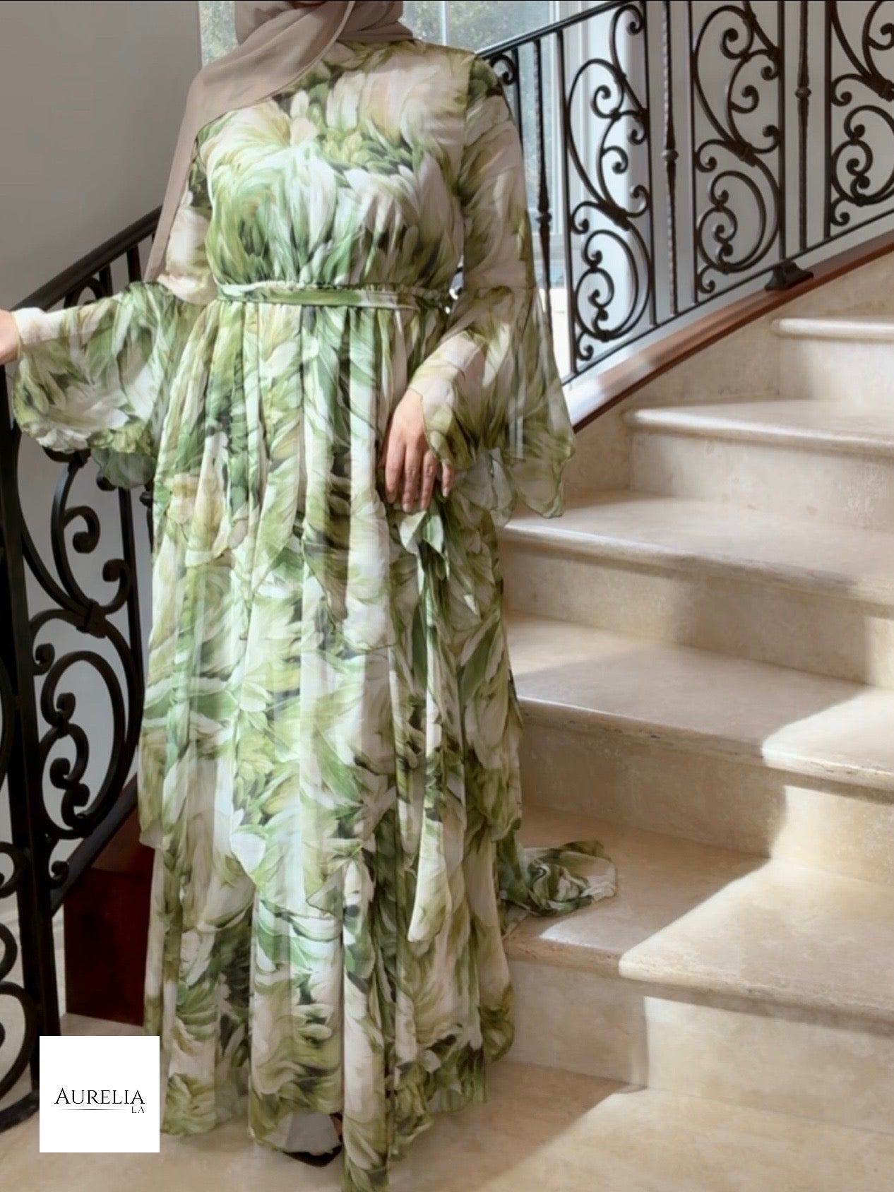 Zahra ruffle floral maxi dress- Olive