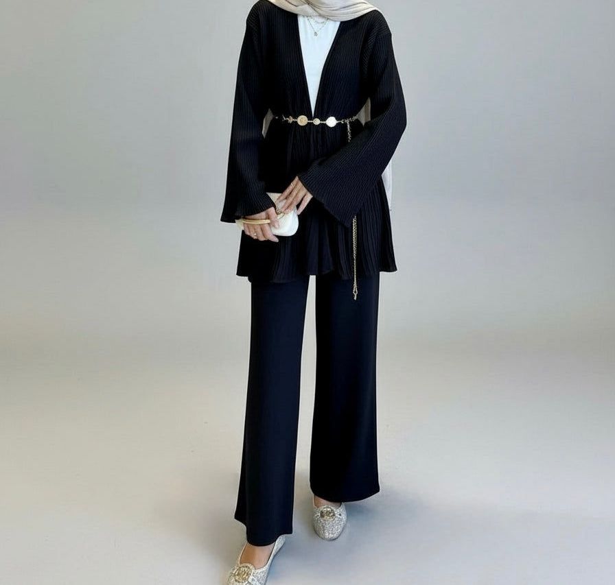 Haya pleated cardigan set - Black
