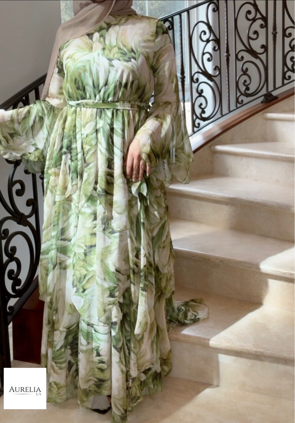 Zahra ruffle floral maxi dress- Olive