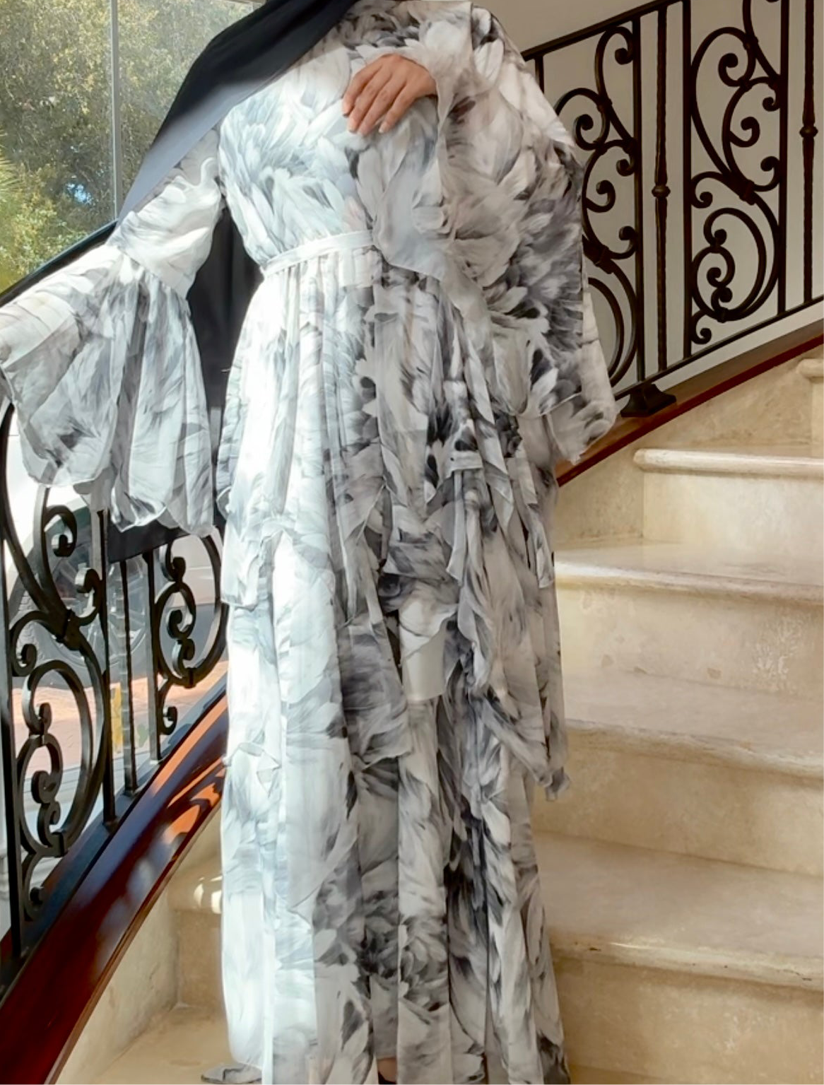 Zahra ruffle floral maxi dress- grey