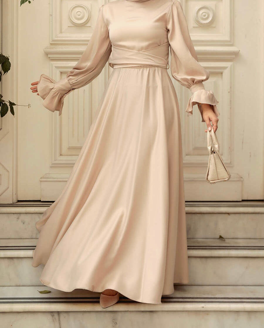 Aurora Beige satin evening dress