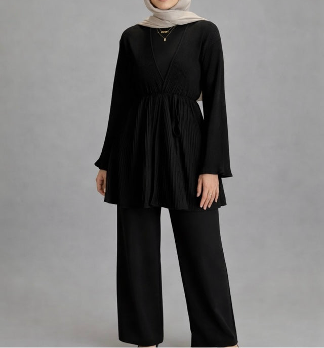 Haya pleated cardigan set - Black