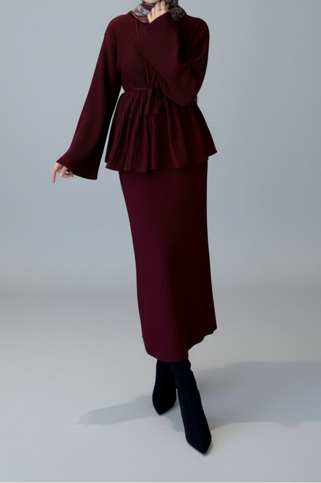 Haya pleated maxi set- Burgundy