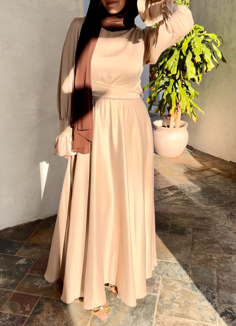 Aurora Beige satin evening dress