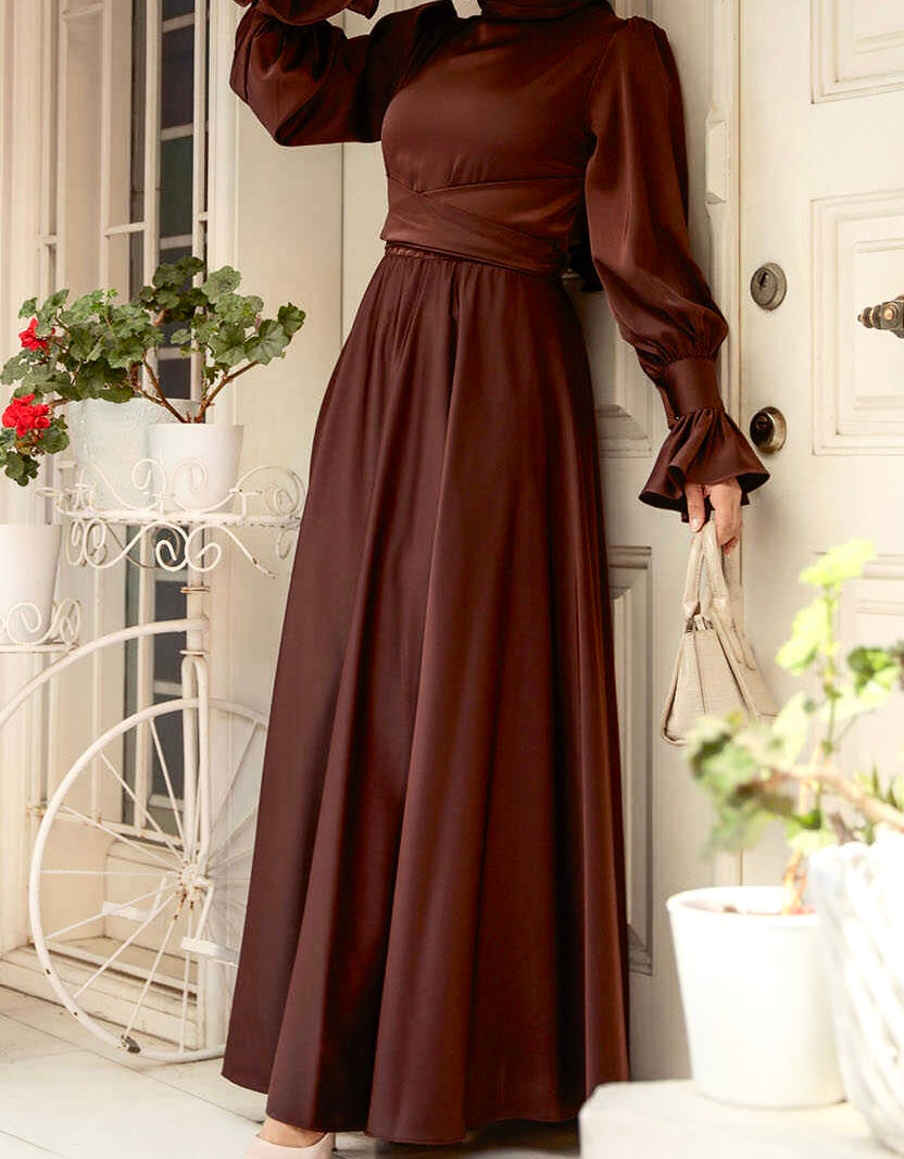 Aurora Brown satin evening dress